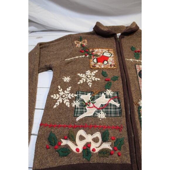 B.P.Design Vtg Wool Blend Women's M Brown Full-Zip Christmas Sweater Embroidered - Picture 7 of 13